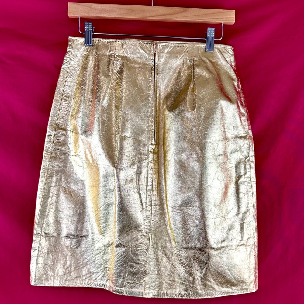 Vintage Gold Metallic Leather Mini Skirt Disco Glam Party Festival 90s Size 12 - Picture 4 of 16